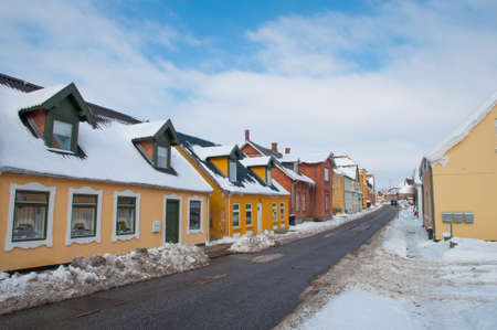 street with old houses in town of Maribo in Denmark on a winter dayの写真素材