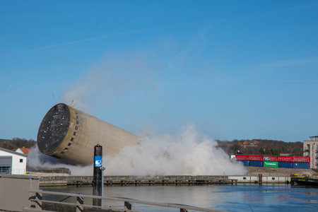 Vordingborg Denmark - April 6. 2018: Demolition of a silo ends badly as the silo falls in the wrong...