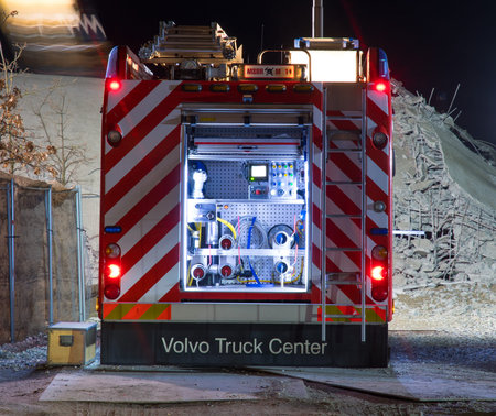 Vordingborg Denmark - April 6. 2018: The rear end of a Volvo fire truck