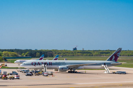 Berlin Germany - April 21. 2018: Qatar Airways Boeing 777-300ER at Berlin Tegel airport