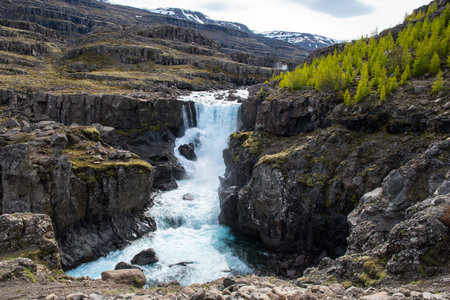 Waterfall in Fossa river in Berufjordur in East Icelandの写真素材