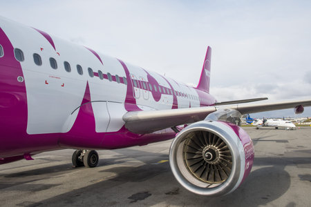 Reykjavik Iceland - May 18. 2018: Wow Air Airbus A320 airplane at Reykavik city Airport in Iceland
