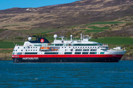 Akureyri, Iceland - May 28. 2018: Cruise ship Fram from the Norwegian company Hurtigruten in Eyjafjordur Icelandのeditorial素材