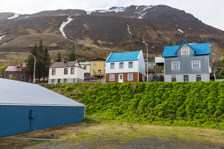 Old buildings in town of Siglufjordur in North Icelandの写真素材