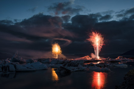 Fireworks display Jokulsarlon Glacier ice lagoon in south Iceland