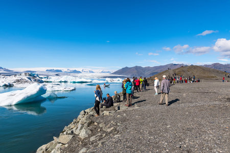 Jokulsarlon Iceland - August 18. 2018: Tourists visiting the Jokulsarlon Glacier Lagoon in Iceland