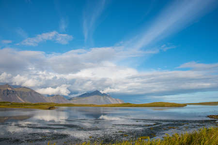 Mountain view from town of Hornafjordur in Icelandの写真素材