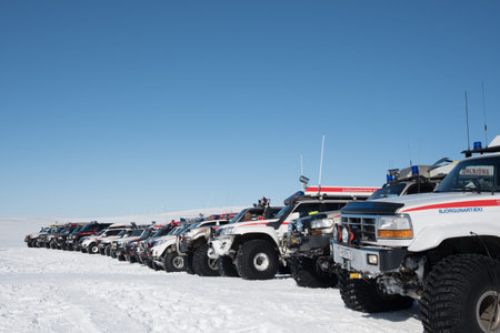 Smjorfjoll Iceland - March 30. 2019: Modified 4x4 rescue trucks from Iceland Search and Rescue