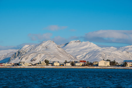 Winter day in coastal town of Hornafjordur in south Iceland