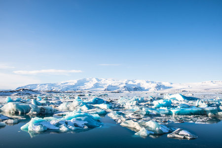 Icebergs in Jokulsarlon Glacier Lagoon in south Iceland with Vatnajokull glacier in the background