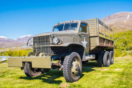 Reydarfjordur Iceland - June 10. 2019: Old military truck at the Icelandic wartime museumのeditorial素材