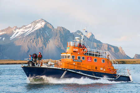 Hornafjordur Iceland - May 9. 2019: Search and rescue vessel Ingibjorg entering port of Hofn in south Icelandのeditorial素材