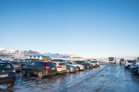 Jokulsarlon Iceland - February 17. 2019: cars parked at the parking lot at Jokulsarlon glacier lagoonのeditorial素材
