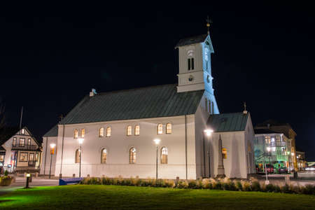 Reykjavik Iceland - October 26. 2018: Reykjavik Cathedral on a dark eveningのeditorial素材