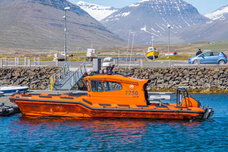 Faskrudsfjordur Iceland - June 10. 2019: Search and rescue boat Hafdis from Iceland search and rescue in port of Faskrudsfjordur in Icelandのeditorial素材