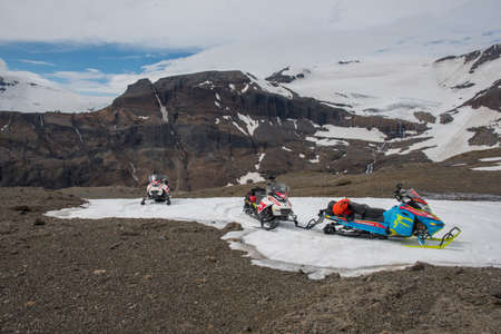 Vatnajokull Iceland - June 17. 2019: Snowmobiles near Vatnajokull Glacier on a sunny summer dayのeditorial素材