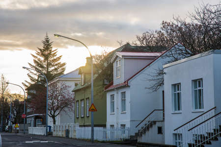 City street of Reykjavik in Iceland in the sunsetの写真素材