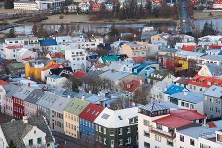 Aerial view of city center of Reykjavik in Icelandの写真素材