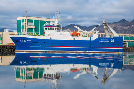 Hornafjordur Iceland - October 13. 2019: Newly rebuild trawler Skinney in port of Hornafjordurのeditorial素材