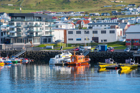 Vestmannaeyjar Iceland - August 9. 2019: Town and port of Heimaey