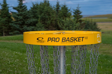 Hornafjordur Iceland - August 7. 2019: Disc golf basket in a park