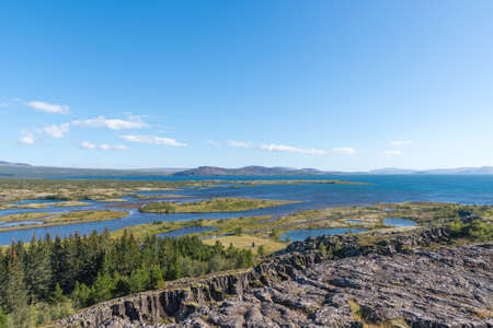View over lake Thingvallavatn in Thingvellir national park in the countryside of Icelandの写真素材