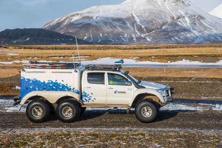 Hornafjordur Iceland - February 16. 2020: Heavily modified 6x6 Toyota Hilux pickup truck from Icelandic electricity Distrubutor company Rarikのeditorial素材