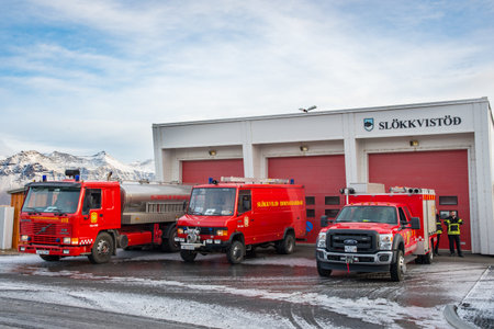 Hornafjordur Iceland - February 11. 2020: The fire trucks of Hornafjordur fire department in Iceland