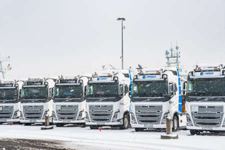 Reykjavik Iceland - March 21. 2020: Volvo lorry trucks parked in a lineのeditorial素材