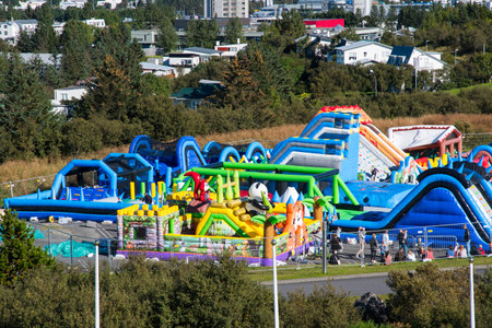 Reykjavik Iceland - September 5. 2020: One of the biggest bouncy castles in the world in Perlan Adventure parkのeditorial素材