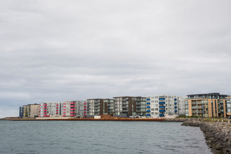 Apartment buildings on the coastline in Port of Hafnarfjordur in Iceland