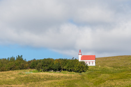 church of Hlidarenid in Fljotshlid in south Icelandic countrysideの写真素材