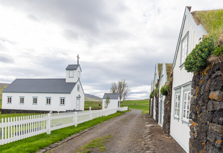 Grenjadarstadakirkja church in the countryside of North Icelandの写真素材
