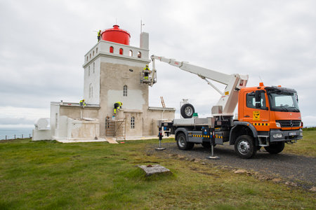 Dyrholaey Iceland - June 25. 2020: reparation work being carried out at the lighthouse of Dyrholaeyのeditorial素材