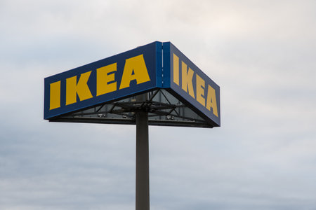 Reykjavik Iceland - September 5. 2020: Ikea store sign towards overcast skyのeditorial素材