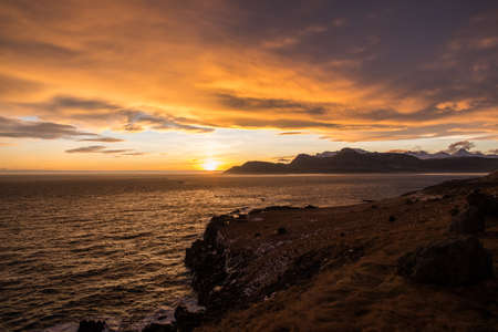 Sunset in Breiddalsvik in east Icelandic countryside landscapeの写真素材