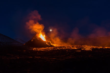 The eruption site of Geldingadalir volcano in Fagradalsfjall mountain on the Reykjanes Peninsula in Icelandの写真素材