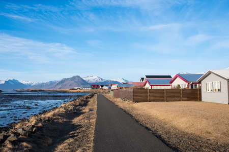 Old buildings in town of Hofn in Hornafjordur in south Icelandの写真素材