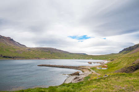 View towards village of Nordurfjordur in Strandir on the Icelandic countrysideの写真素材