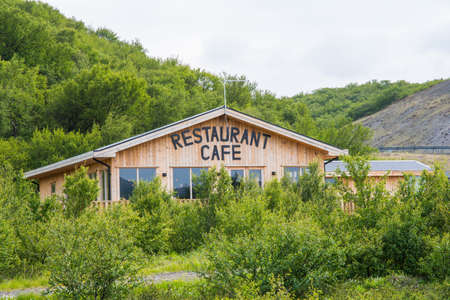 Borgarfjordur Iceland - July 4. 2021: The Restaurant Cafe at Hraunfossar in west Icelandのeditorial素材
