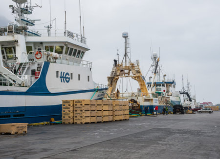 Bolungarvik Iceland - July 6. 2021: Trawlers in the port of Isafjordur