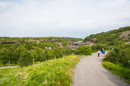 Borgarfjordur Iceland - July 4. 2021: The hiking path towards Barnafoss and Hraunfossar in Borgarfjordur in west Icelandのeditorial素材