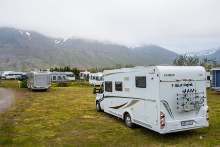 Bolungarvik Iceland - July 5. 2021: Motorhomes and caravans at the campsite of Bolungarvik