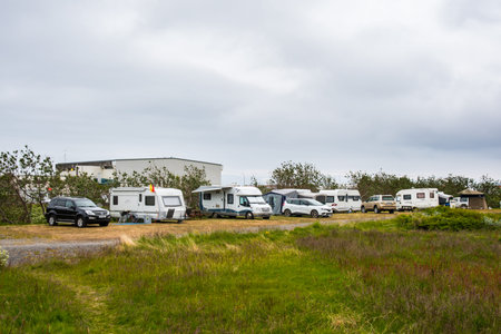 Bolungarvik Iceland - July 5. 2021: Motorhomes and caravans at the campsite of Bolungarvikのeditorial素材