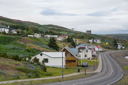 Town of Holmavik in Steingrimsfjordur fjord in Strandir in North Icelandのeditorial素材