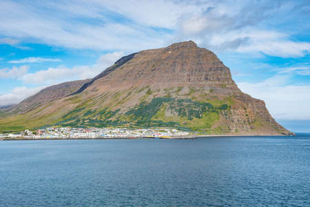 View over Bolungarvik bay towards the town and mountain Tradarhyrnaのeditorial素材