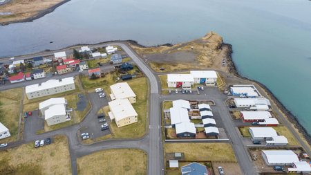Aerial view of town of Hofn in hornafjordur in south Icelandの写真素材