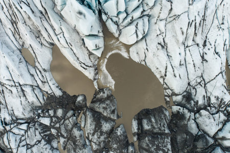 Aerial view of Flaajokull glacier in Vatnajokull national park in south Icelandの写真素材