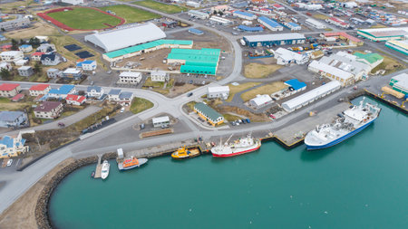 Aerial view of town of Hofn in hornafjordur in south Icelandの写真素材