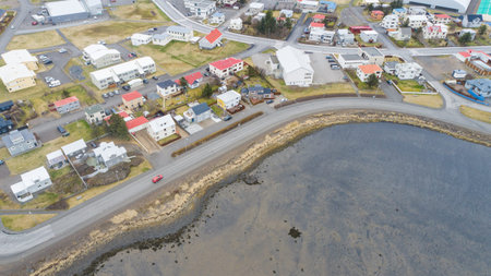 Aerial view of town of Hofn in hornafjordur in south Icelandの写真素材